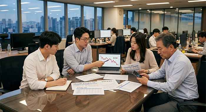 노트북의 하락 주가 차트와 실적 보고서를 보며 회의하는 금융 분석가들.