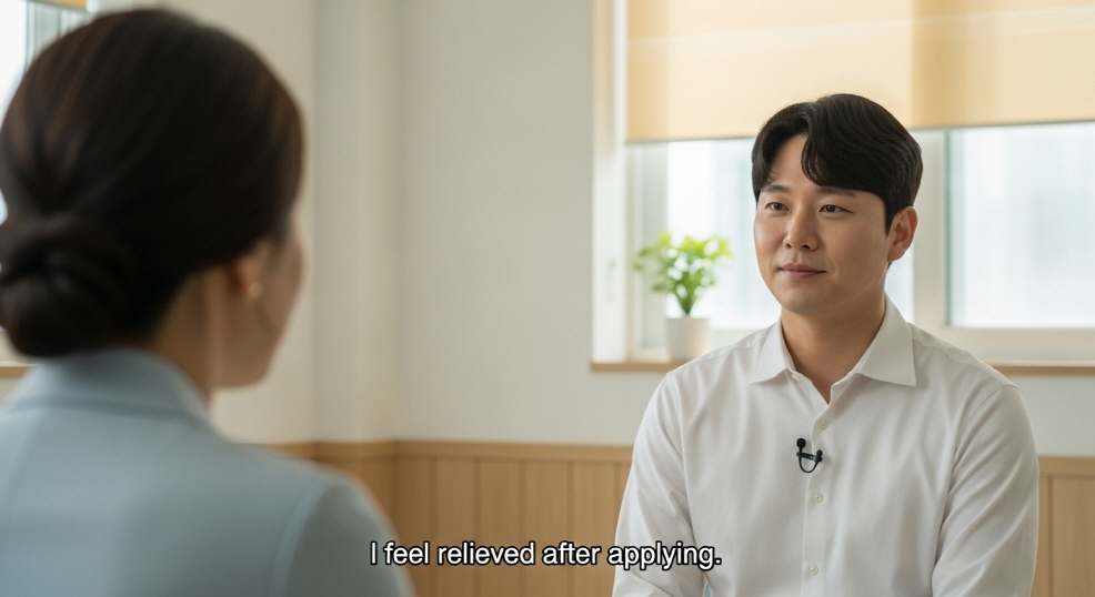 &ldquo;신청하고 나니까 안심돼요&rdquo;라고 말하는 인터뷰 장면