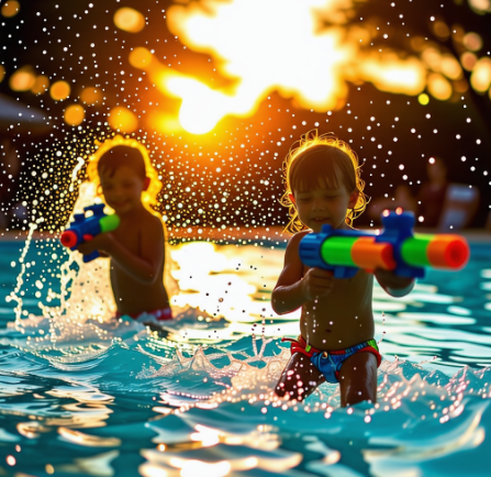 수영장에서 물총을 쏘고있는 아이들의 모습