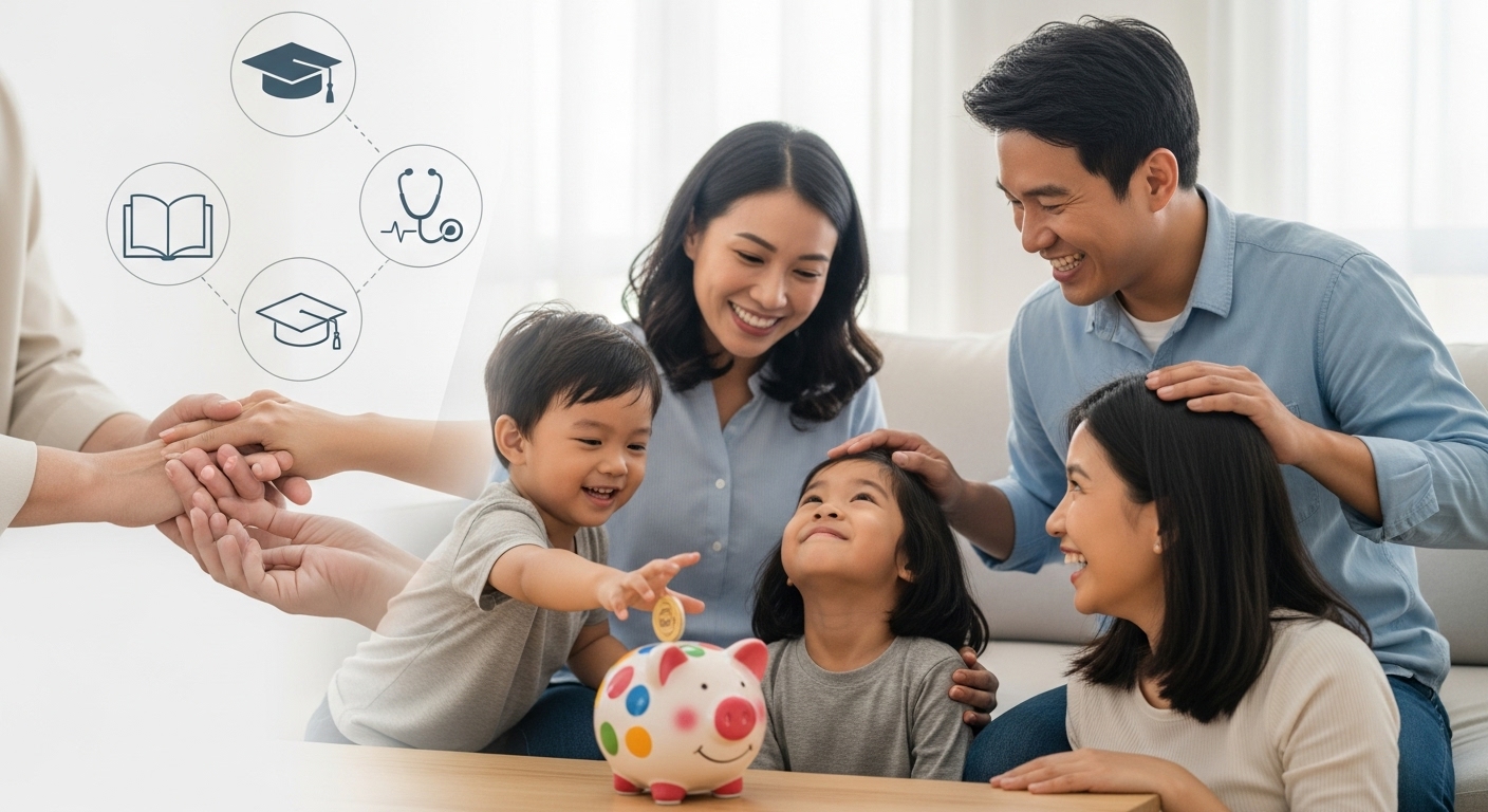 아동수당 확대 및 통합돌봄 서비스 강화로 행복해진 가족들의 모습을 따뜻하게 그린 일러스트.