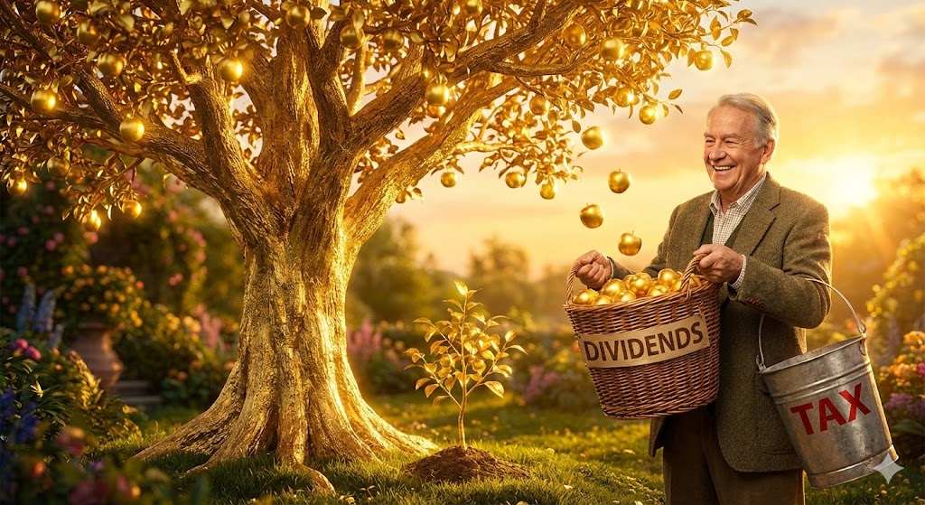 작은 묘목(소액 투자)이 자라서 거대한 황금 나무(1억 자산)가 되고, 거기서 떨어지는 열매(배당금)를 세금 바구니 없이 맘껏 주워 담는 행복한 모습