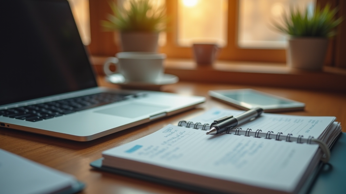 노트북과 다이어리 태블릿이 놓여 있는 책상