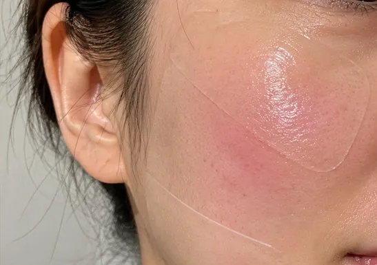 자극적인 기능성 미백 크림 사용 후 볼 부위가 따갑고 붉어져 진정 패치를 붙이고 케어하는 모습