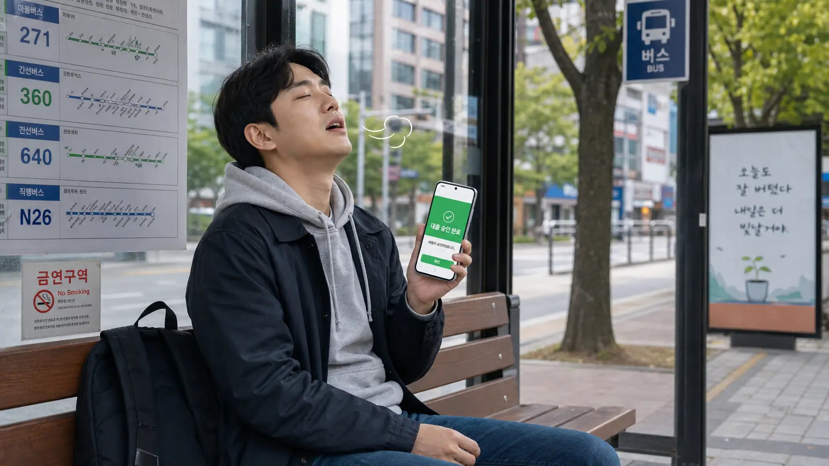 한국의 버스 정류장 벤치에 앉아 스마트폰 화면의 초록색 대출 승인 완료 메시지를 확인하고 긴 안도의 한숨을 내쉬는 30대 취업준비생의 모습