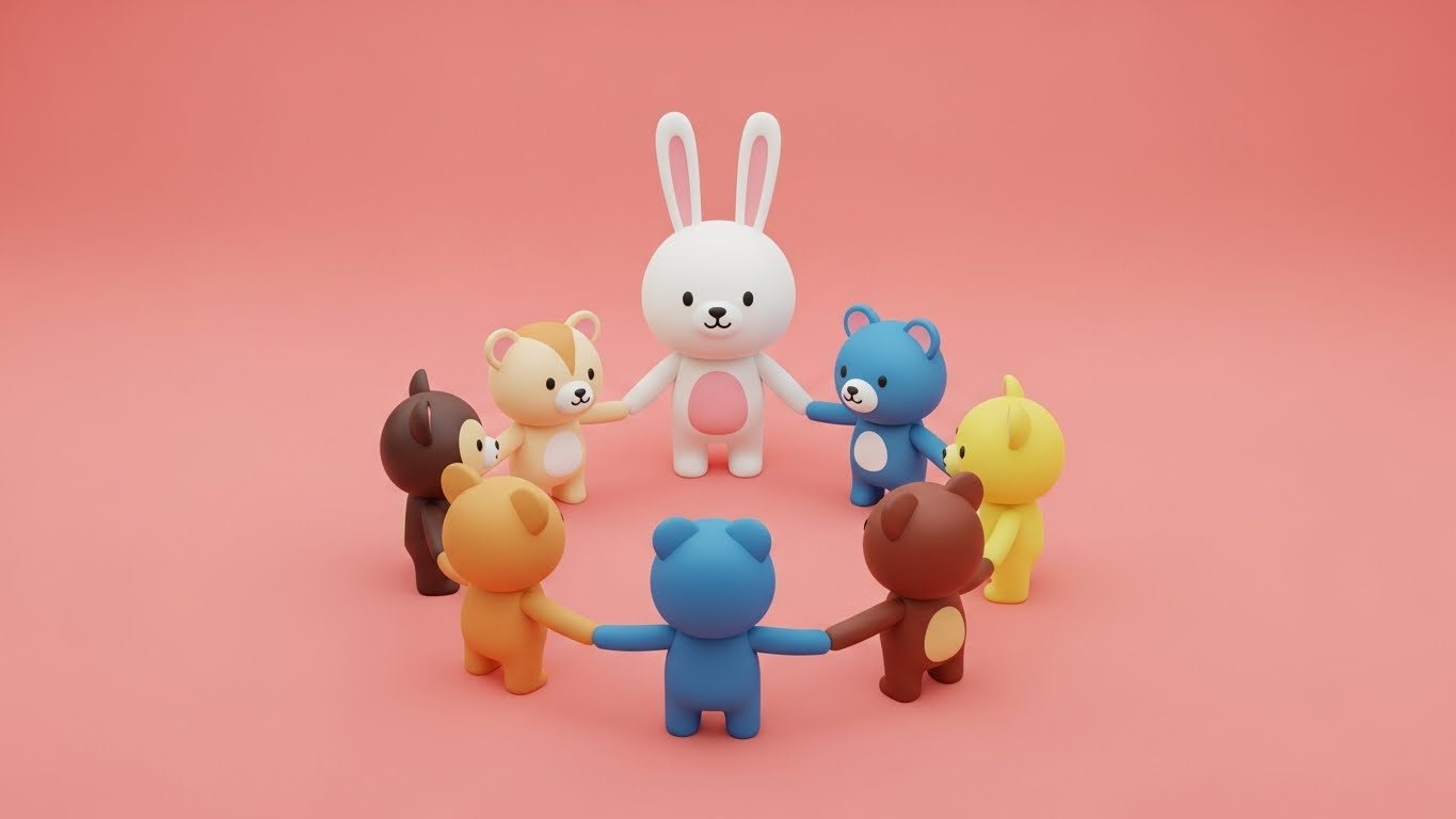 다른 동물들과 손을 잡고 협력하는 다정한 토끼 캐릭터의 2D 플랫 벡터 일러스트