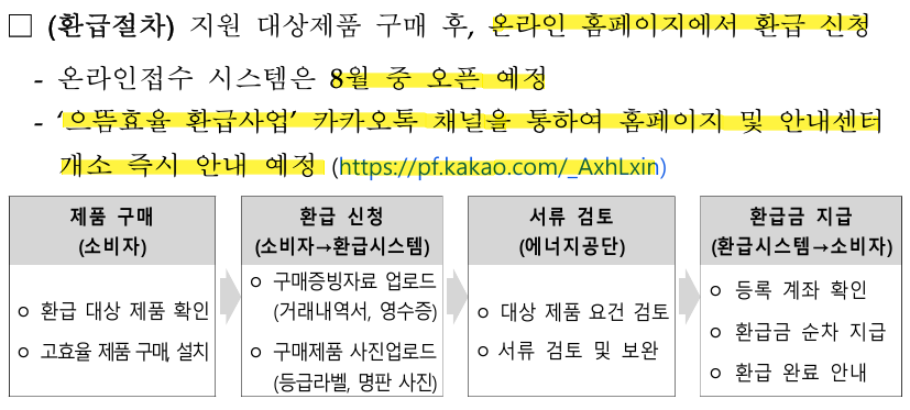 으뜸효율 가전 환급 신청방법 - 제품 구매 후 온라인 홈페이지에서 신청, 카카오톡 채널로 홈페이지 오픈 즉시 알림, 서류 제출과 계좌 등록 후 환급금 순차 지급