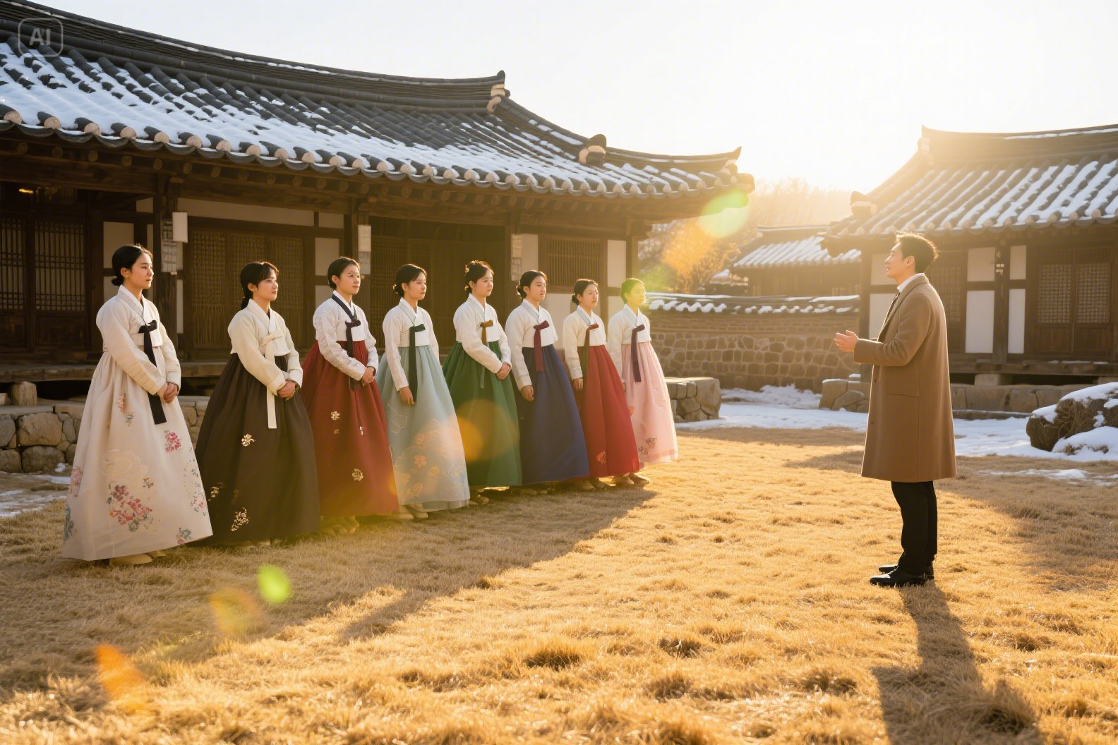 한옥 마당에서 남녀가 마주 보고 선 나는 솔로 촬영 장면 느낌의 데이트 소개 화면