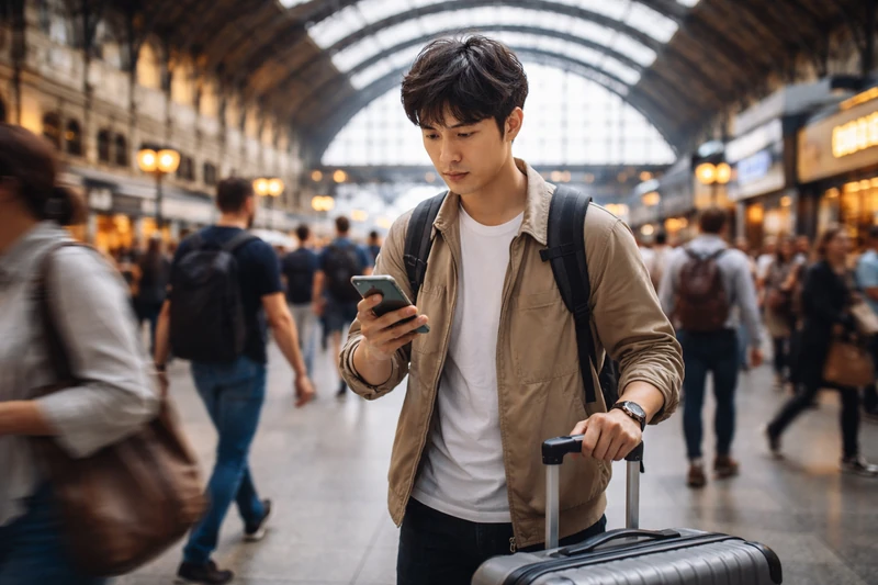 붐비는 유럽 기차역 안에서 큰 캐리어를 끌고 선 동아시아 여행자가 스마트폰 지도를 확인하며 길을 찾는 모습. 주변 사람들은 흐릿하게 지나가고, 따뜻한 자연광이 들어와 여행 중 낯선 역에서 방향을 확인하는 분위기를 보여준다.