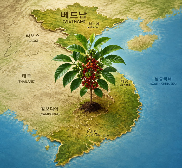 베트남 지도가 표시된 일러스트 위에 붉은 커피 체리가 열린 커피나무 한 그루가 서 있는 모습. 베트남의 주요 도시와 주변 국가가 함께 표시되어 있으며 베트남 커피 산지를 상징적으로 표현한 이미지