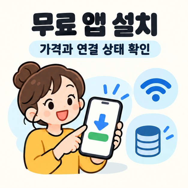 무료 앱 설치 버튼과 와이파이 및 저장공간을 점검하는 일러스트