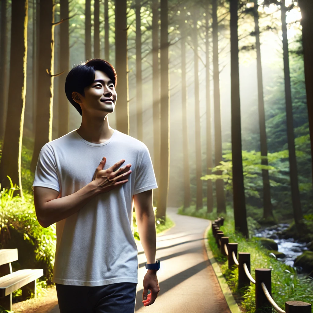아침 햇살이 비치는 고요한 숲길을 걸으며 현재 순간을 즐기는 남성&amp;#44; 자신감을 발산하며 내면의 평화를 나타내는 장면