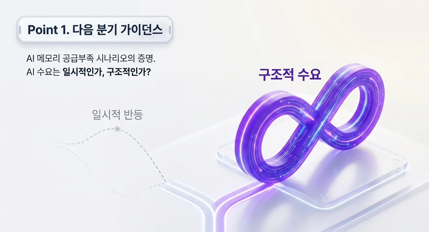 마이크론 실적전망의 첫 번째 관전 포인트인 다음 분기 가이던스를 무한대 기호로 표현한 이미지. AI 메모리 수요가 일시적 반등인지 구조적 수요인지에 대한 검증을 시각화하며&amp;#44; 마이크론 실적전망 관전 포인트 섹션을 설명함 