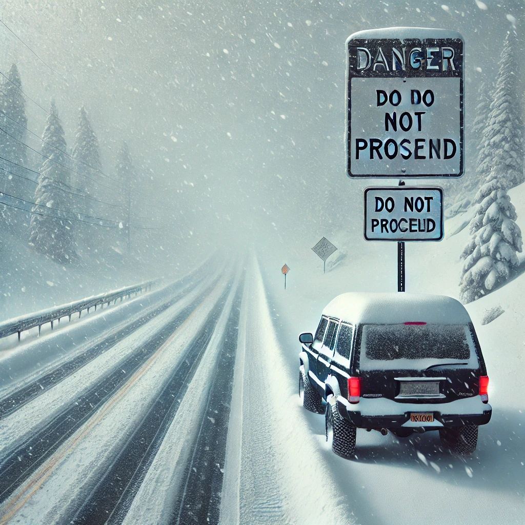 눈보라 속 애리조나 고속도로에 세워진 '진입 금지' 경고 표지판과 도로 옆에 주차된 SUV 차량