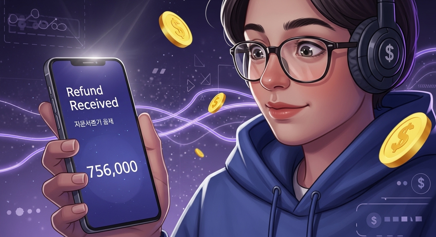 급하게 필요한 돈을 환급금으로 해결하고 스마트폰으로 환급 내역을 확인하며 기뻐하는 사람.