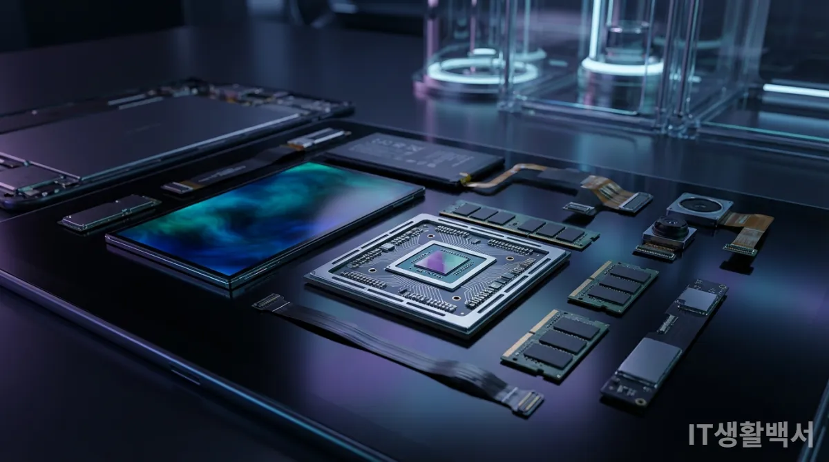 태블릿의 핵심 부품인 프로세서, 디스플레이, RAM을 보여주는 기술적인 이미지