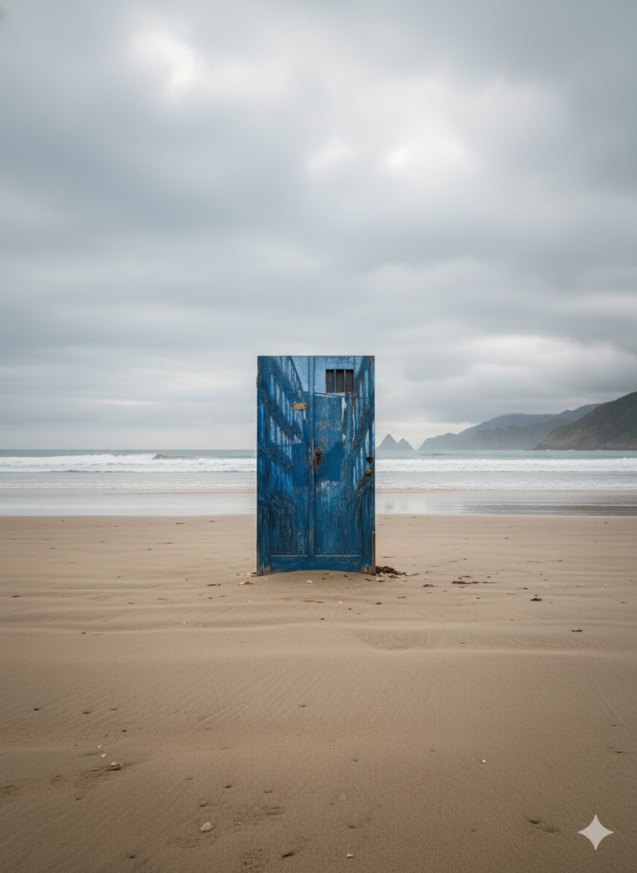 바닷가 모래사장에 놓인 파란 대문 소품 이미지