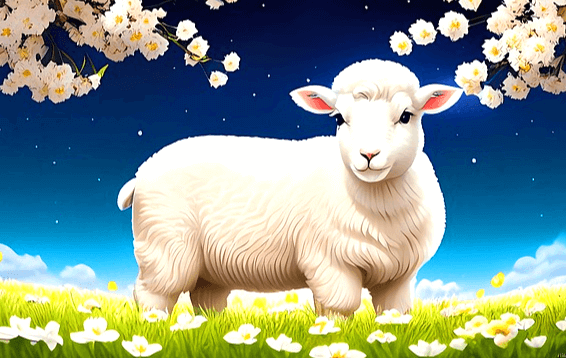 꽃밭에 하얀 양이 서 있다. 주변엔 하얀색 꽃들이 가득 피어있다.