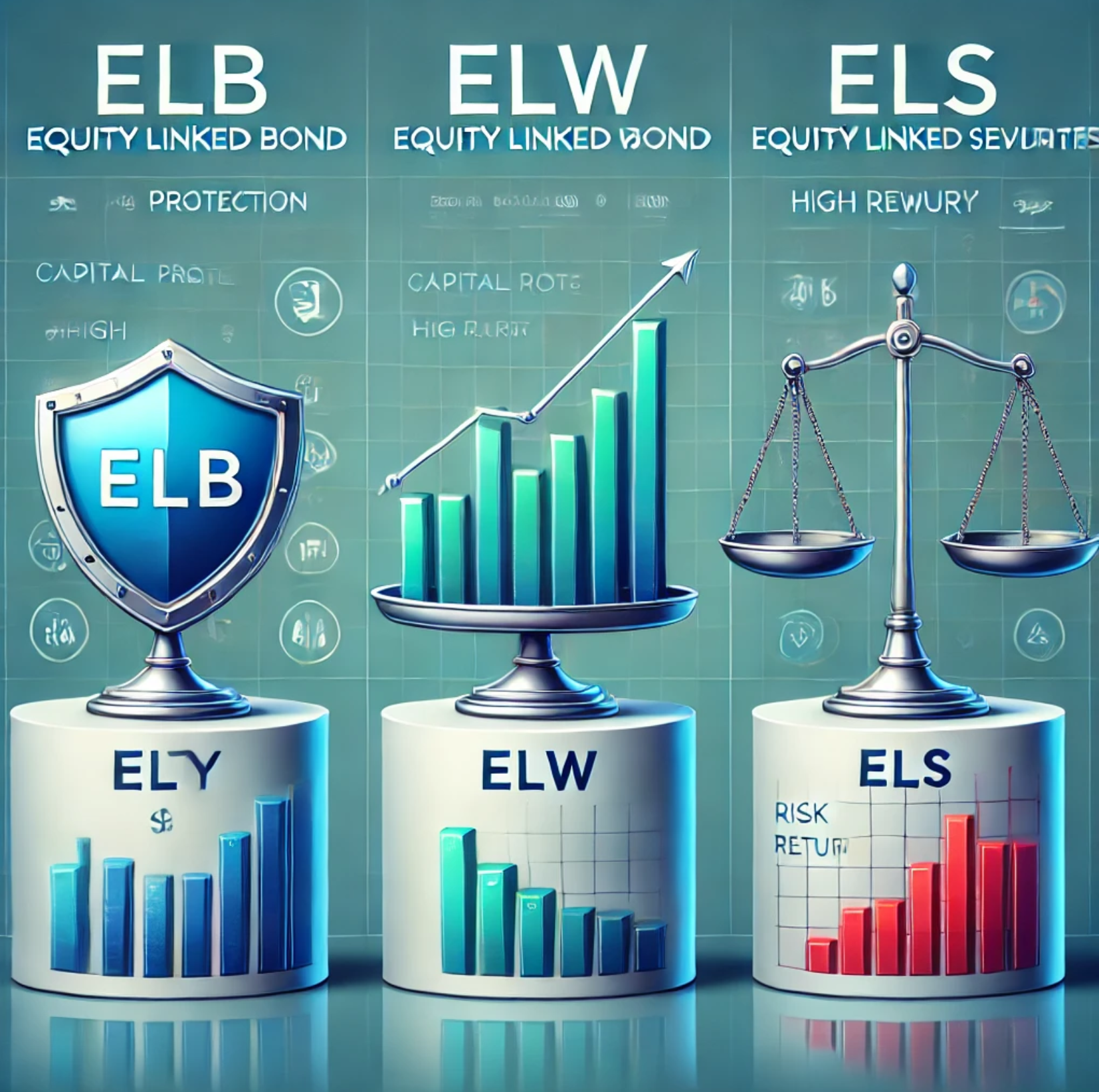 ELB, ELW, ELS 투자 비교: ELB는 안정적인 원금보장형(보호 방패 아이콘), ELW는 고위험 고수익(급등락 그래프), ELS는 중간 위험-수익 균형(저울 아이콘)으로 표현된 금융 개념 일러스트