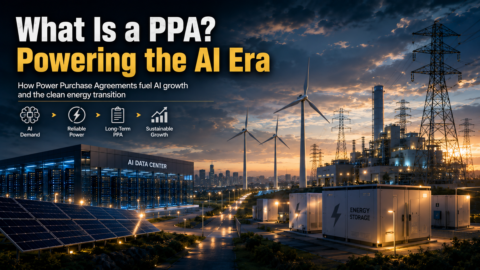 Power Purchase Agreement connecting AI data centers, renewable energy, power generation, transmission grids, and energy storage