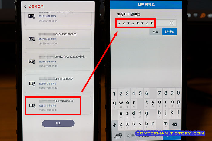 국민건강보험 앱 공동인증서 비밀번호 입력