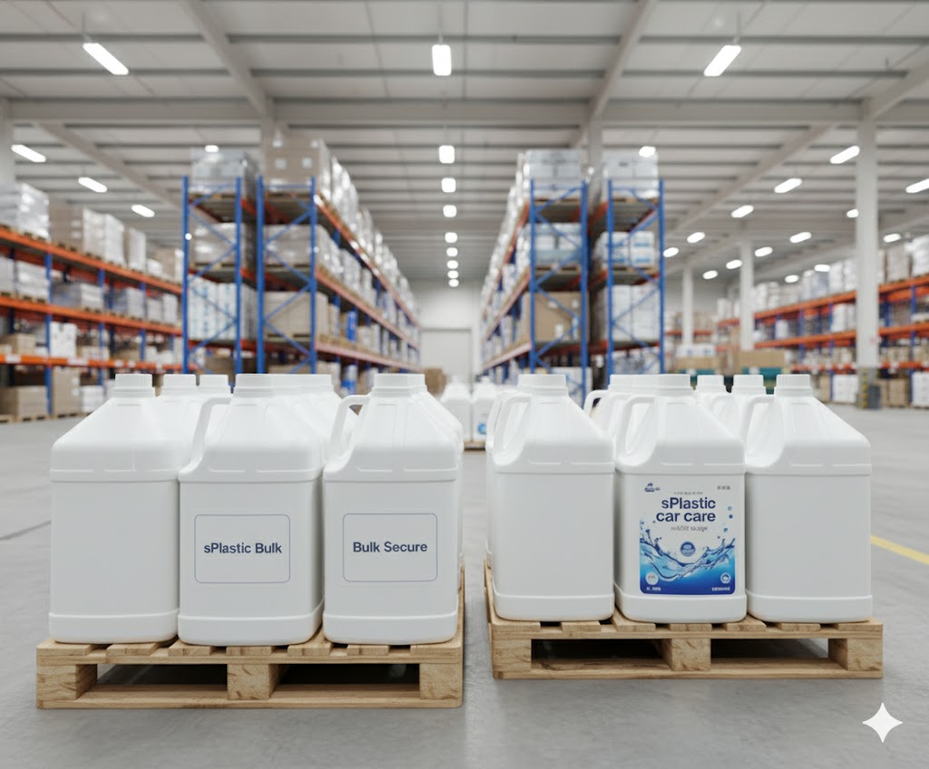 창고에 안정적으로 적재된 HDPE 재질의 4L 말통 박스. 대량구매 시에도 믿을 수 있는 내구성