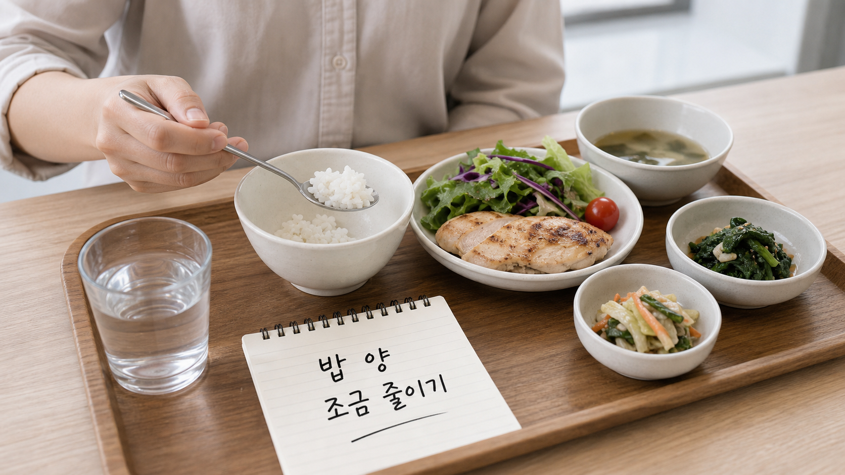식곤증 줄이기 위해 밥 양과 점심 메뉴 구성을 조절하는 장면