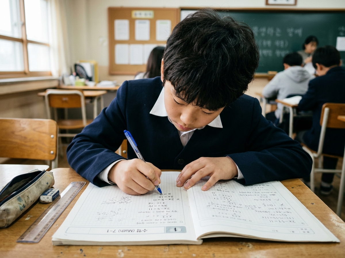수학 문제집을 풀며 적극적으로 학습하는 학생의 모습