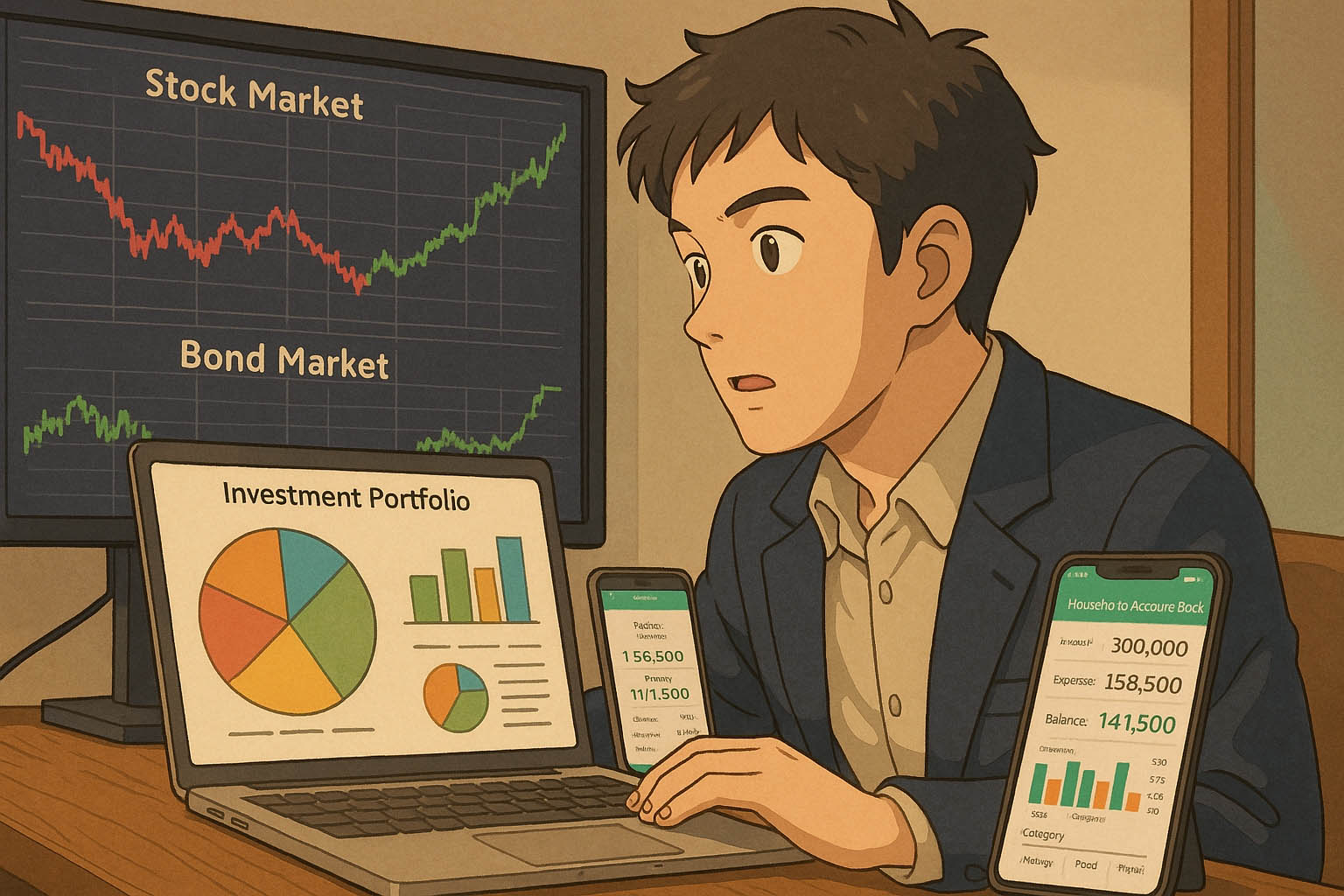 주식&middot;채권 차트와 투자 포트폴리오 그래프&amp;#44; 스마트폰 가계부 앱을 보는 남성의 지브리풍 일러스트
