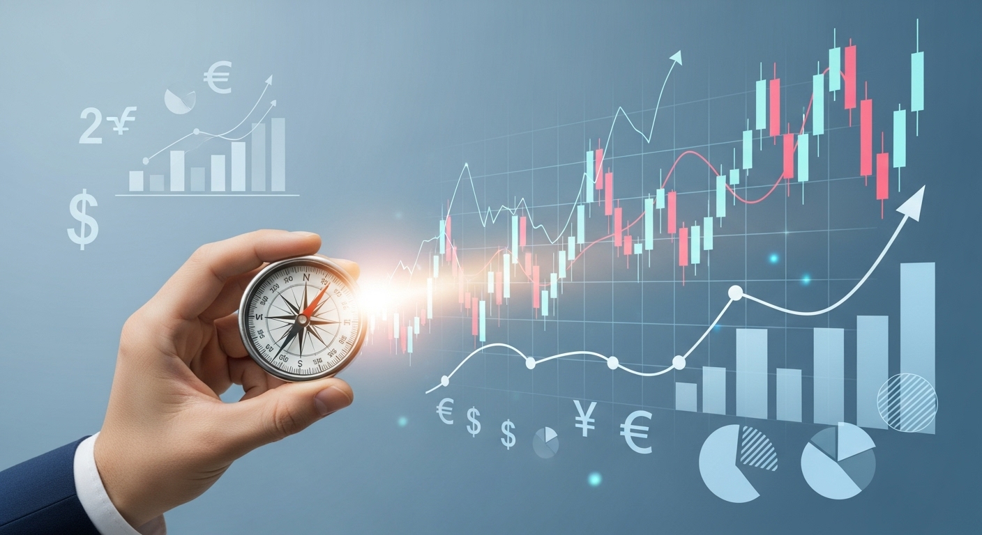 손에 들린 빛나는 나침반이 상승하는 주식 시장 차트를 가리키고 있는 모습. 경제 지표들이 배경에 추상적으로 표현되어 성공적인 투자를 위한 길잡이 역할을 시사하는 이미지.
