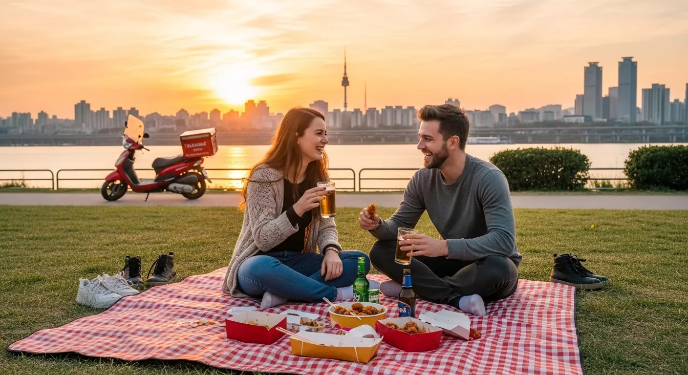 한강공원에서 야외 배달음식을 즐기는 외국인 커플