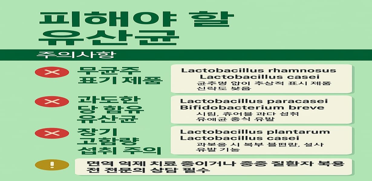 “무균주 표기 제품, 과도한 당 함유, 장기 고용량 복용 시 주의할 유산균 항목과 부작용 위험을 경고하는 인포그래픽”