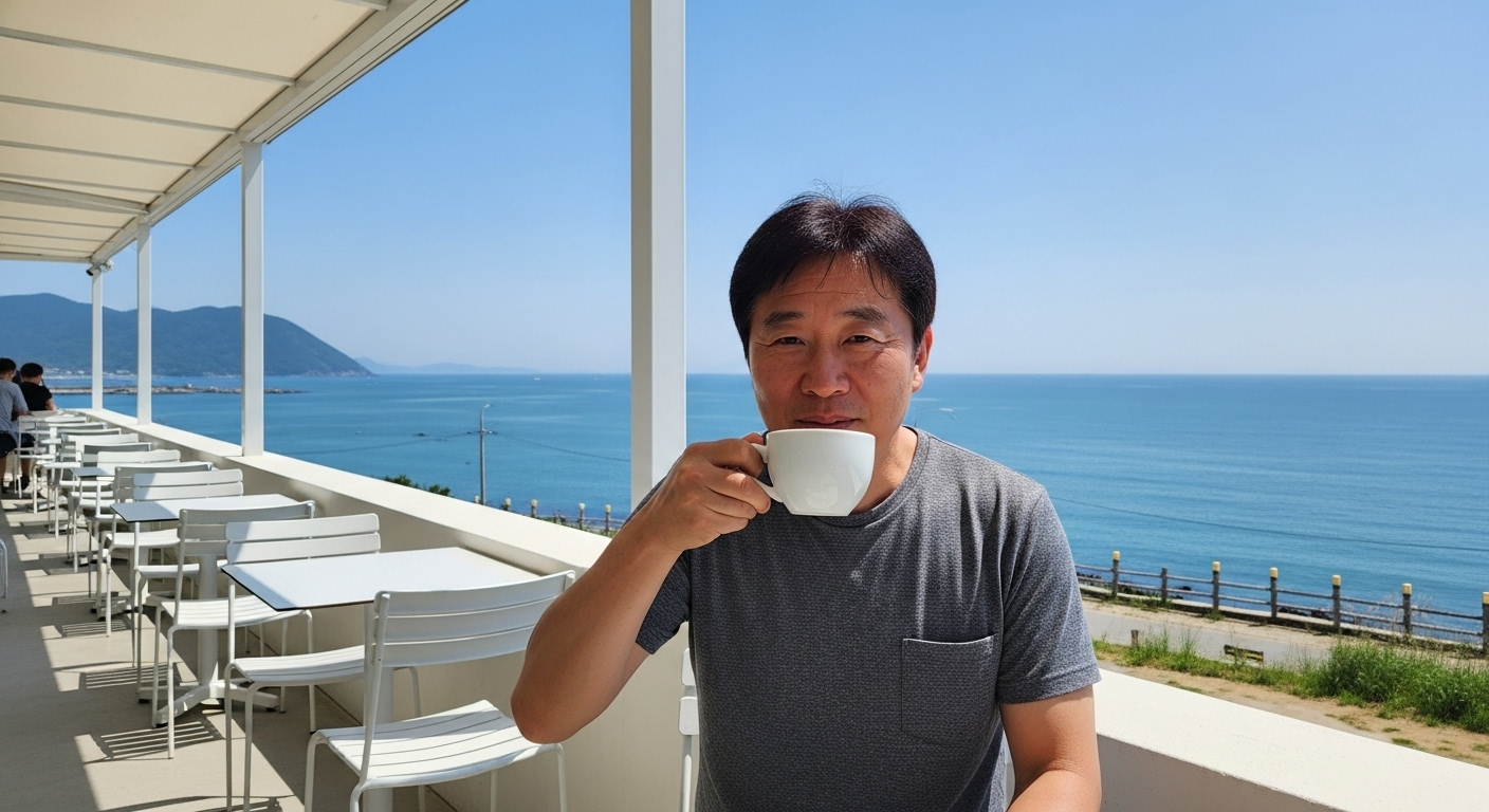 50대 한국인 남성, 바다 옆 카페 테라스에서 커피 마시는 모습