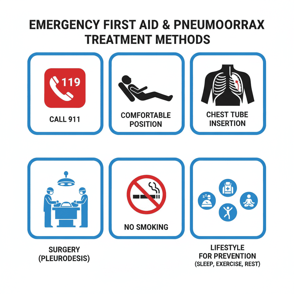 기흉 응급조치와 치료법을 정리한 아이콘 이미지로, 119 신고, 안정 자세, 흉관 삽입술, 흉막유착술, 금연 및 재발 예방 방법을 시각적으로 설명한 그림