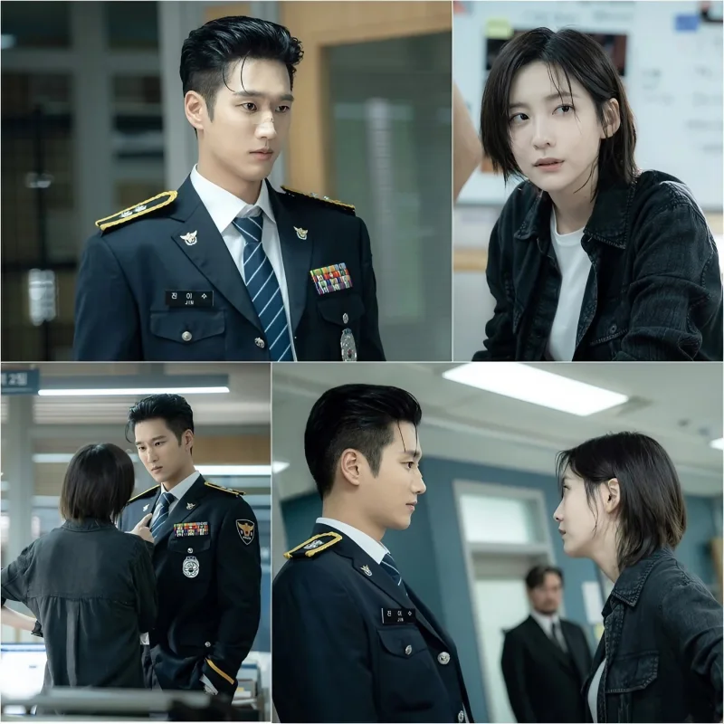 재벌X형사에서 경찰 제복을 입은 안보현과 캐쥬얼한 복장의 단발 박지현이 등장하는 장면