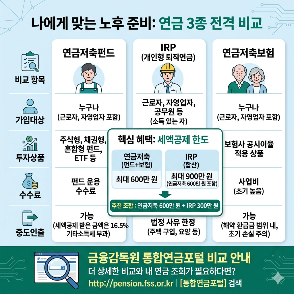 연금저축펀드 vs IRP vs 연금저축보험 차이｜세액공제 한도&middot;수수료&middot;투자성향 비교 인포그래픽