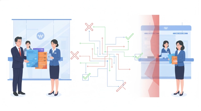 한국에서 베트남으로 송금할 때 정보 흐름의 복잡성과 반려될 수 있는 지점을 나타내는 인포그래픽 이미지.