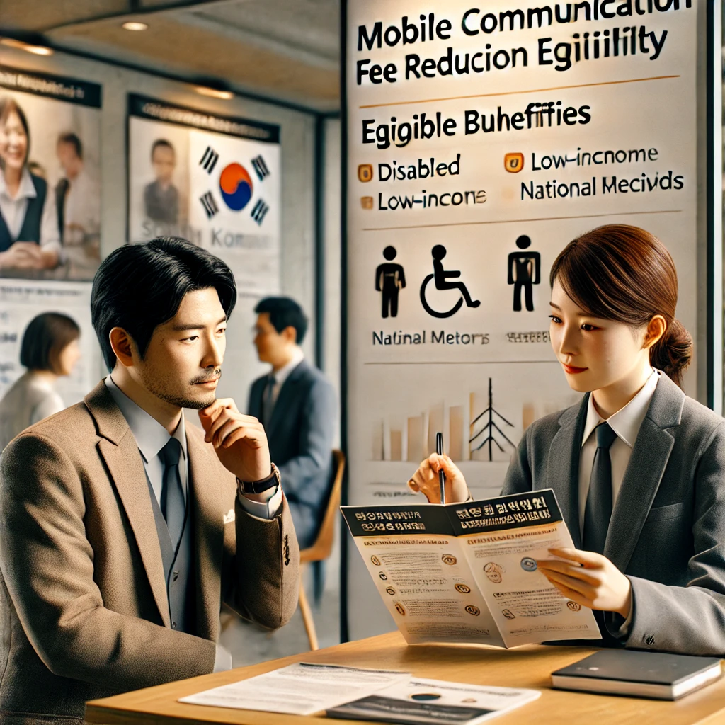 이동통신비 감면 대상 기준을 설명하는 상담원과 고객&amp;#44; 서비스 센터 내부