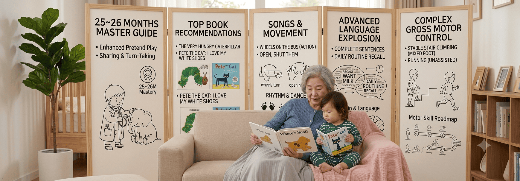 25개월 된 남자 아이와 할머니가 다정하게 소파에 앉아 'Pete the cat'이라는 책을 읽고 있는 모습