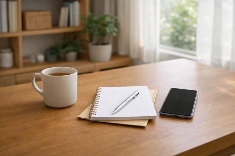 창가 옆 테이블 위에 노트와 펜, 화면이 꺼진 스마트폰이 놓인 조용한 집 안의 작업 공간