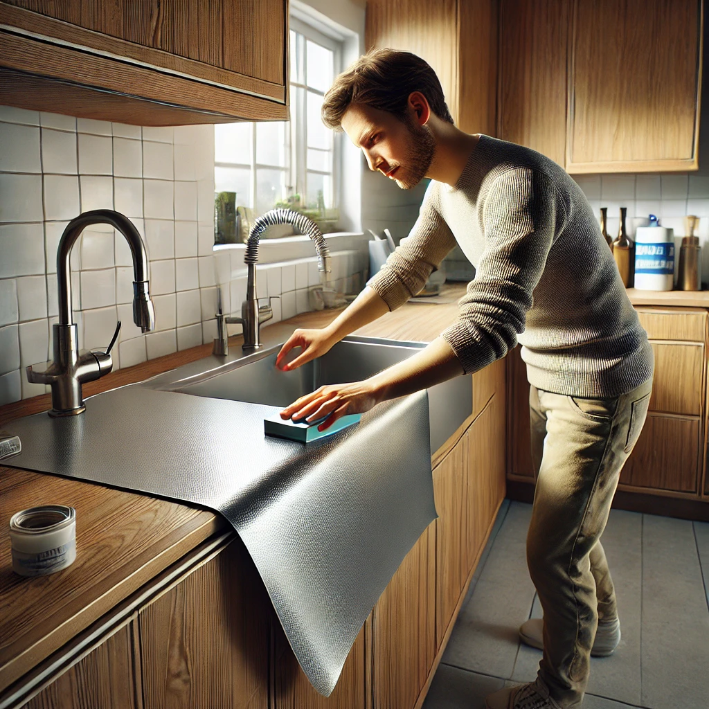 싱크대에 인테리어 필름을 시공하고 있는 이미지