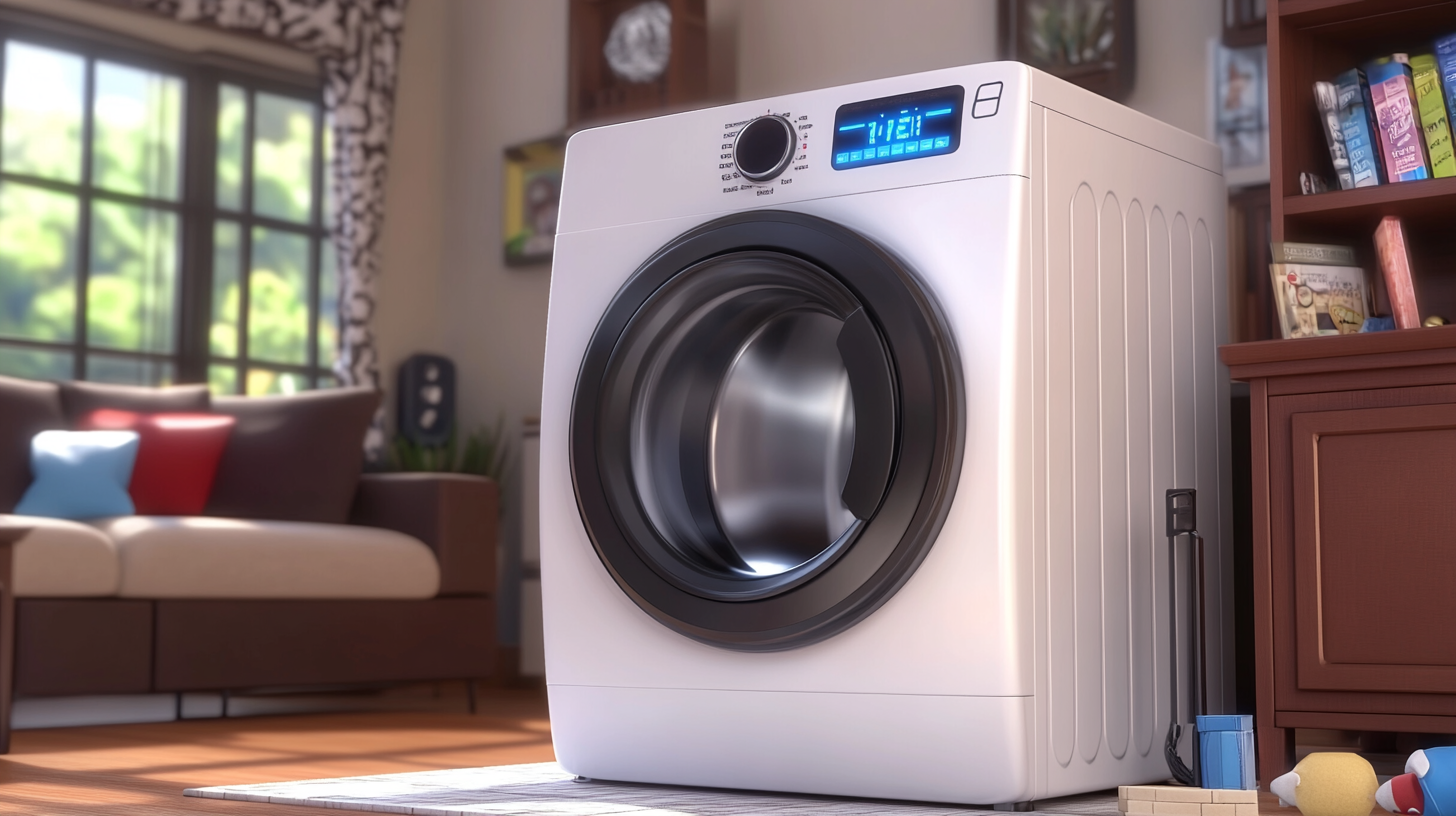 미래형 거실에 위치한 첨단 삼성 세탁기 모습, LED 디스플레이와 스마트 컨트롤을 특징으로 하며, 미래적인 분위기를 연출하는 조명.