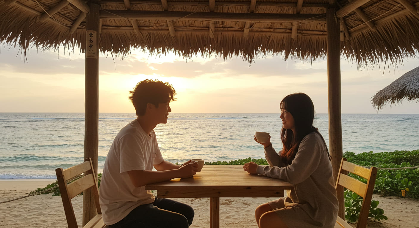 오키나와 해변 카페에서 커피를 마시는 한국인 커플