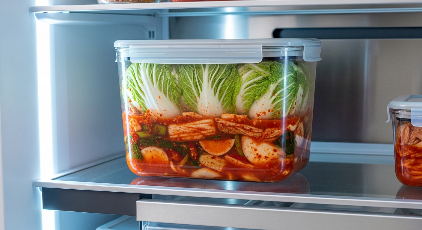 신선하게 담근 김치가 김치통에 잘 보관되어 맛있게 숙성될 준비를 마친 모습.