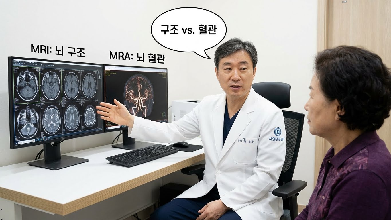 의사가 뇌 단면이 찍힌 MRI 필름과 혈관이 보이는 MRA 모니터 화면을 비교하며 환자에게 설명하는 모습