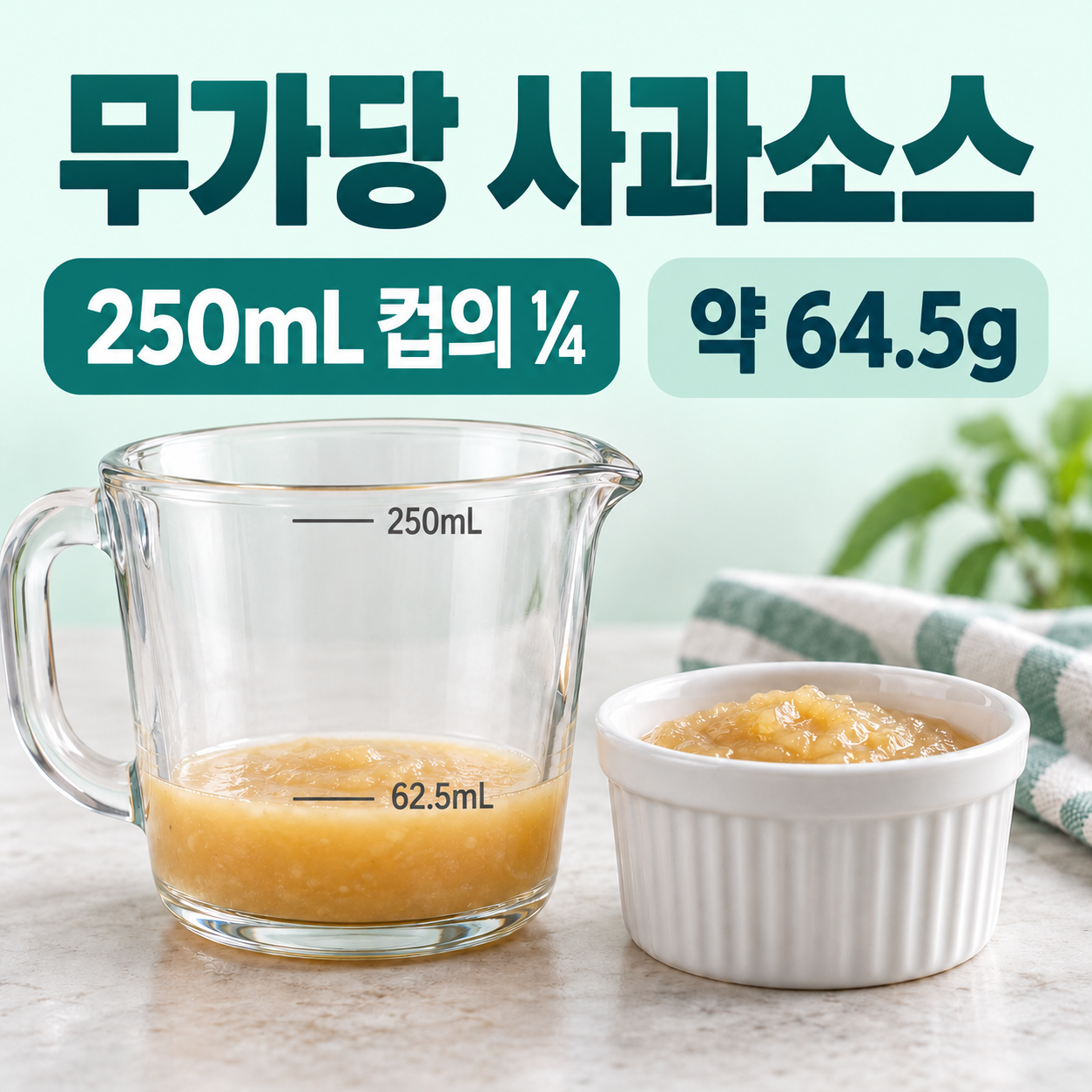 무가당 사과소스 실사 분량 비교. 250mL 컵의 ¼와 약 64.5g. 원문 125mL=129g을 62.5mL=64.5g으로 환산. 집에서 만든 사과 퓌레는 수분량에 따라 값이 달라짐.