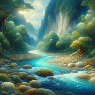 산과 숲 속의 맑은 물, 다양한 돌들이 흐르는 아름다운 풍경.