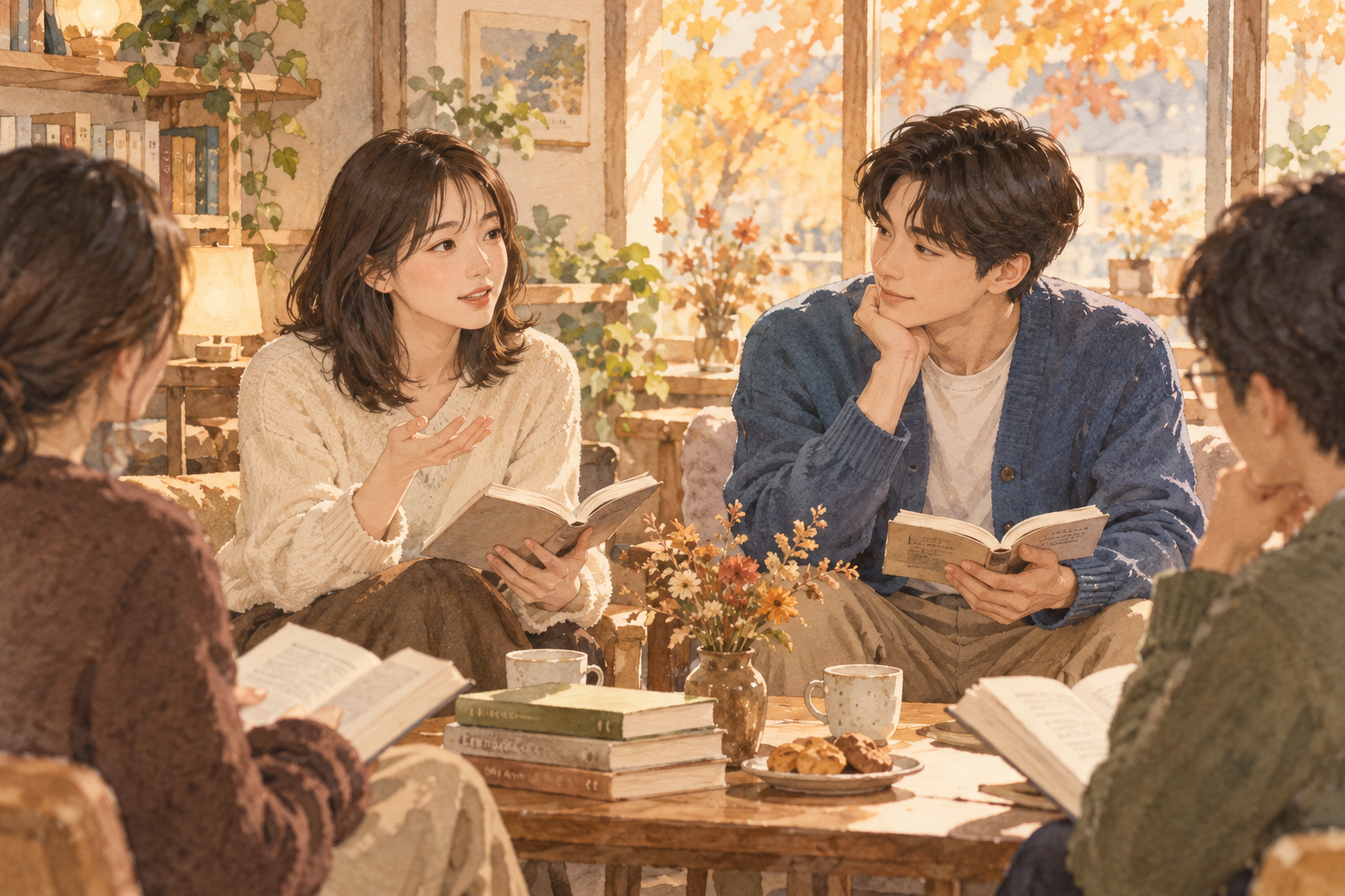 독서 모임에서 책에 대한 생각을 나누는 하린과 준호