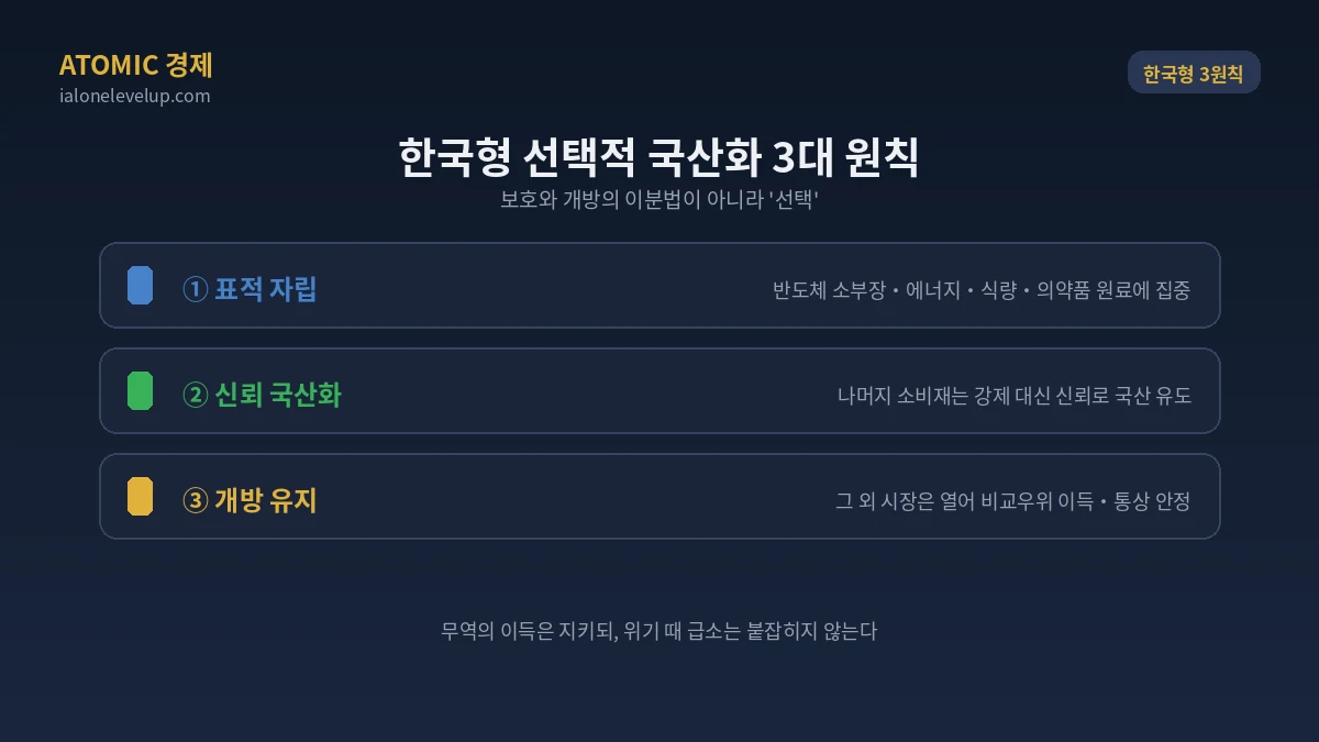 한국형 선택적 국산화 3대 원칙 표적 자립 신뢰 국산화 개방 유지 무역 이득 지키며 급소 방어