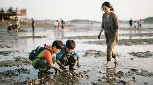 갯벌 체험에서 활동에 몰입한 아이의 모습을 자연스럽게 기록한 사진