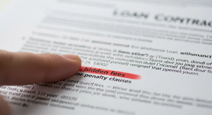 대출 계약서에서 숨겨진 수수료나 위약금 조항을 강조하는 손가락, 대출 갈아타기 시 주의사항을 상징